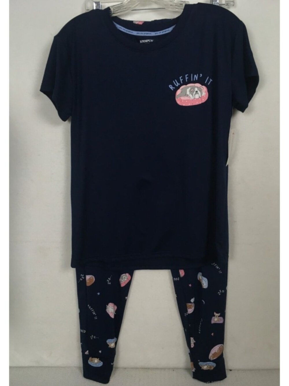 Joyspun 2 Piece Pajamas Women Size S Navy Blue Dogs Ruffin It Pockets New w Tag